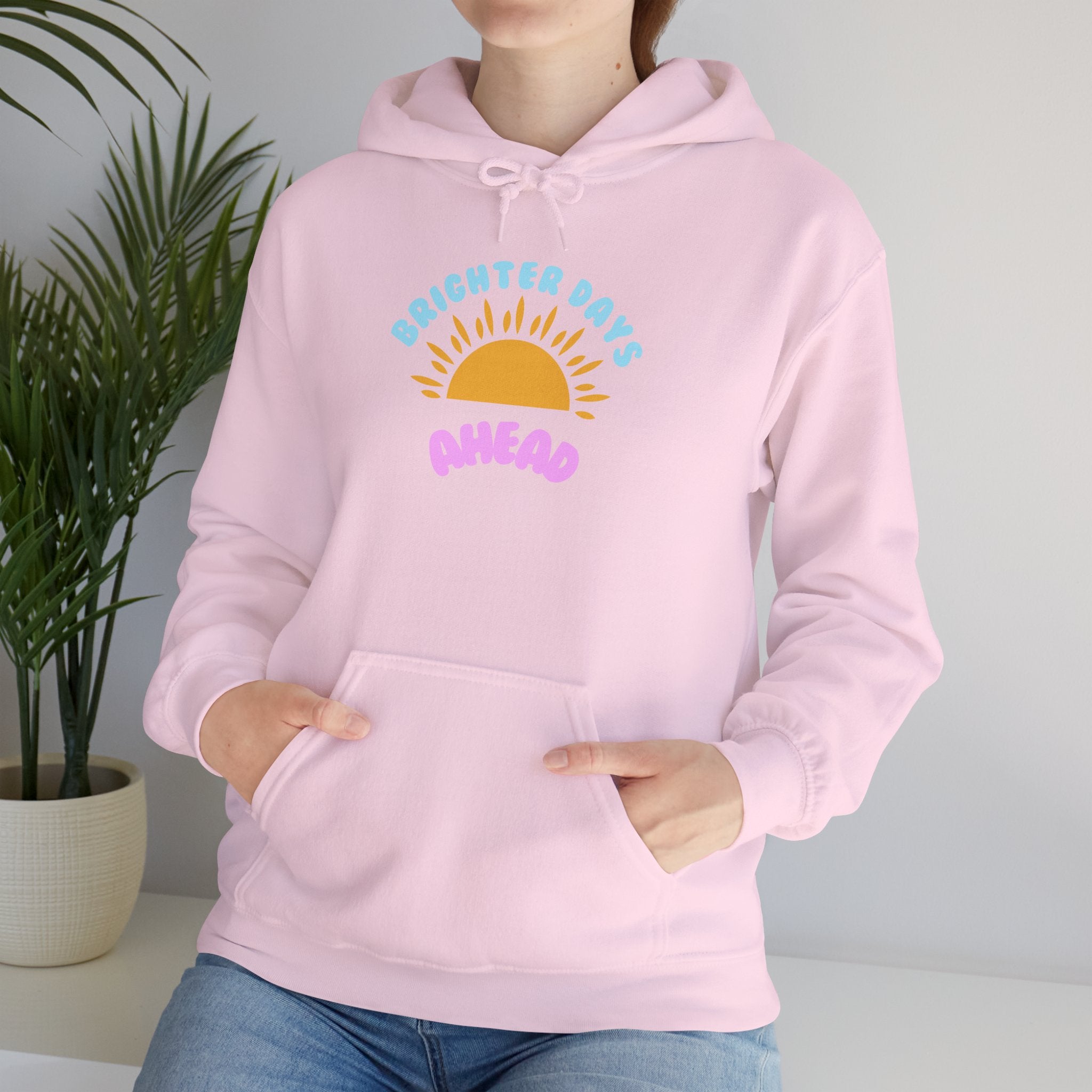 Brighter Days Ahead Hoodie — Pastel Sun Graphic with Diversity Equity Inclusion Back