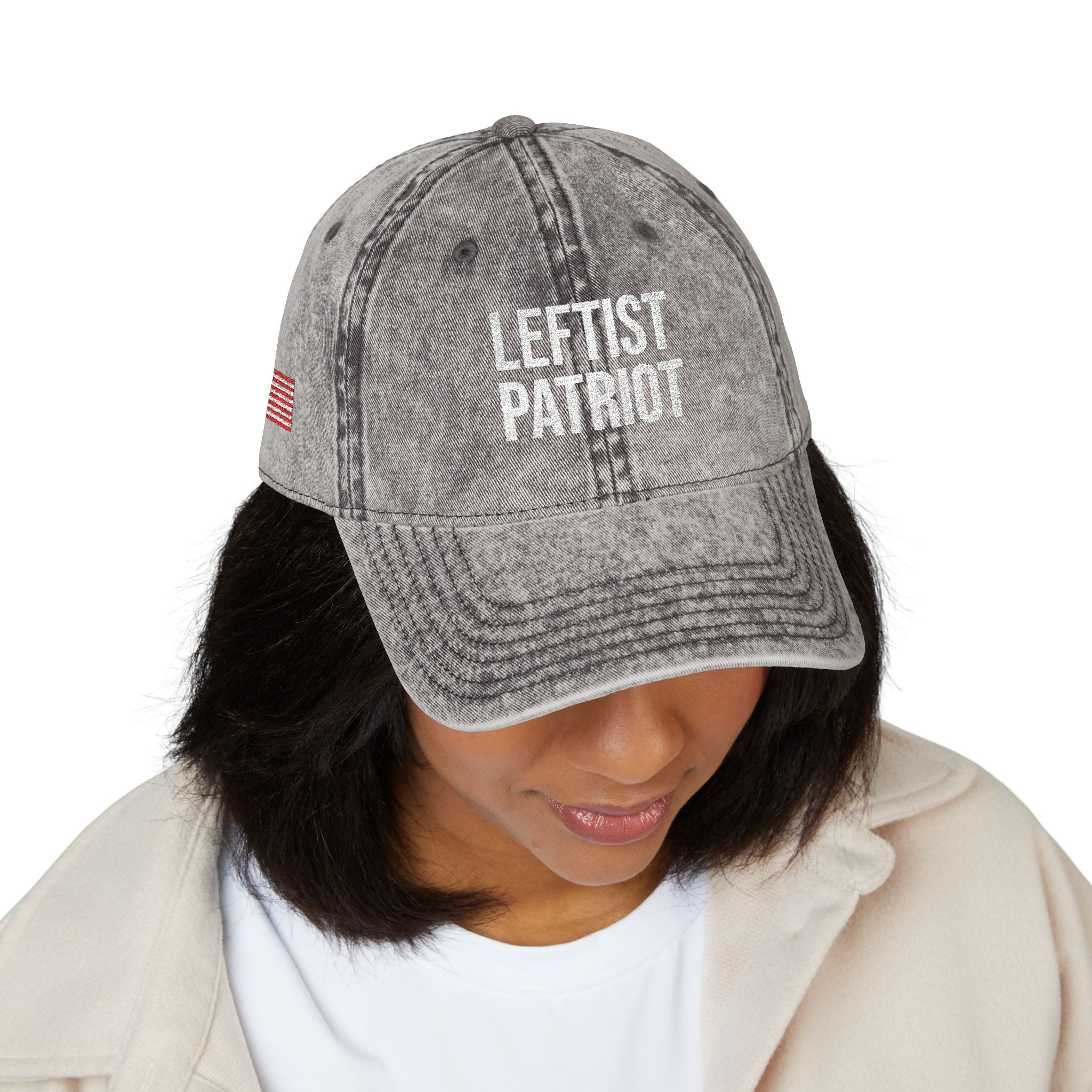 Leftist Patriot Vintage Embroidered Cap — Distressed Red American Flag Hat