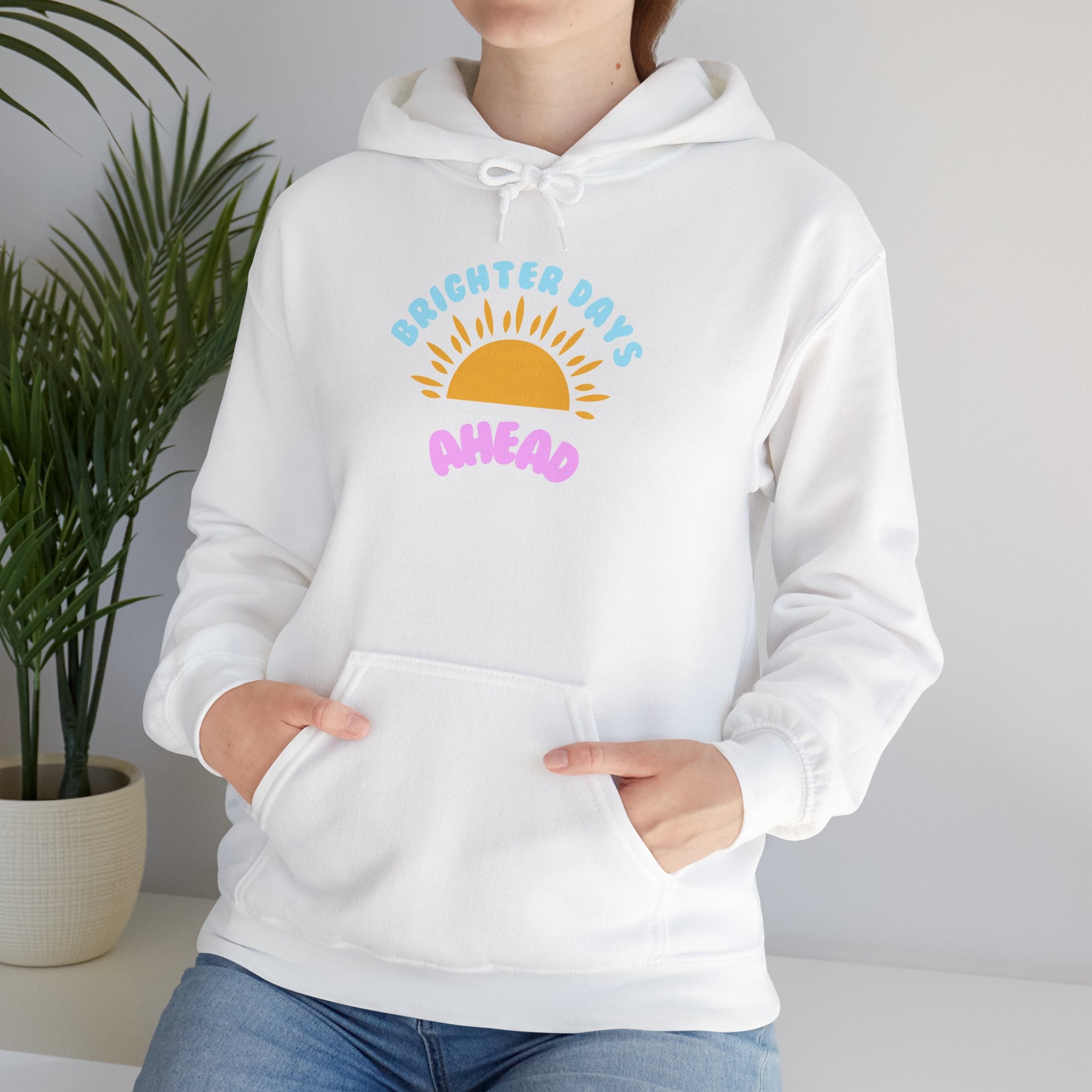 Brighter Days Ahead Hoodie — Pastel Sun Graphic with Diversity Equity Inclusion Back