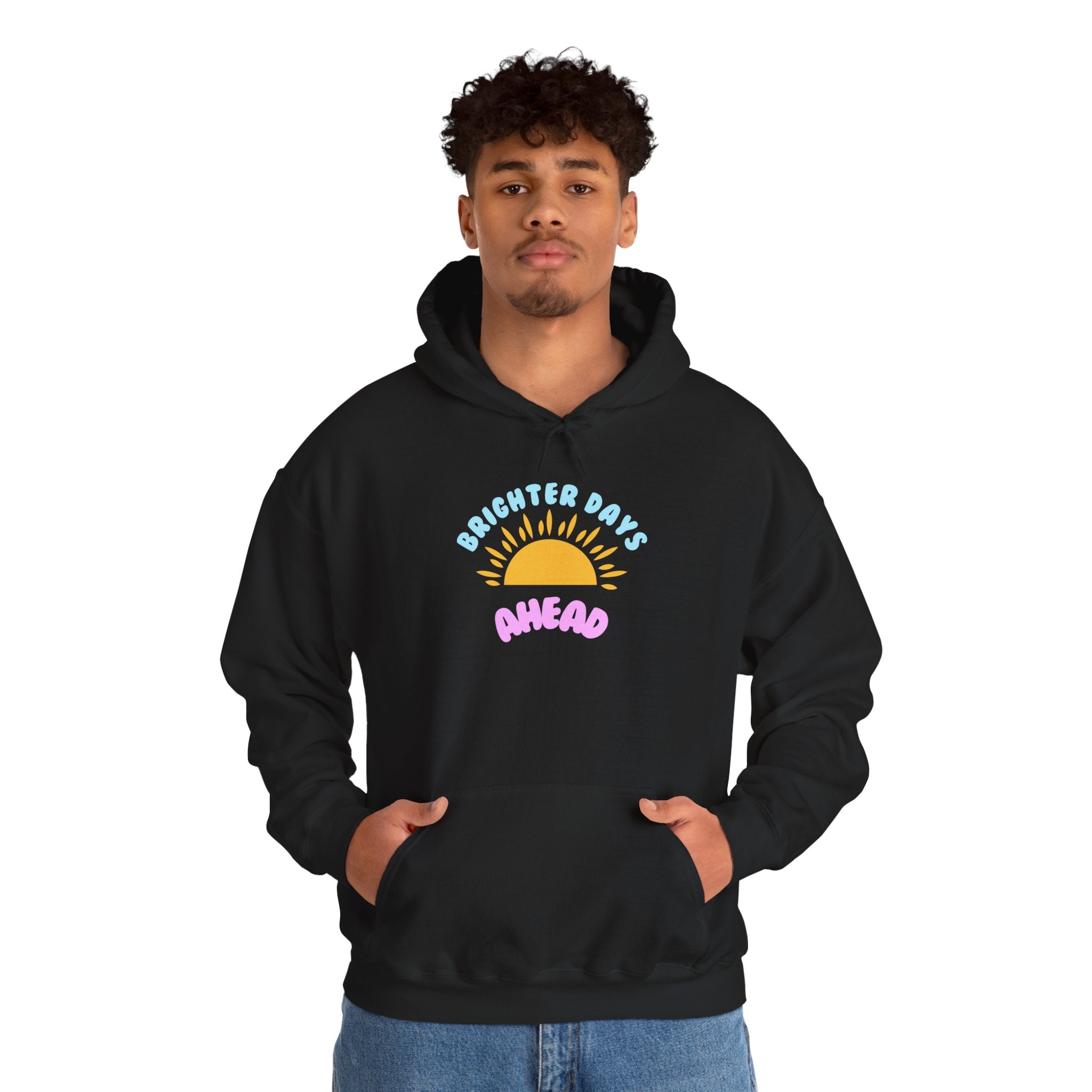 Brighter Days Ahead Hoodie — Pastel Sun Graphic with Diversity Equity Inclusion Back