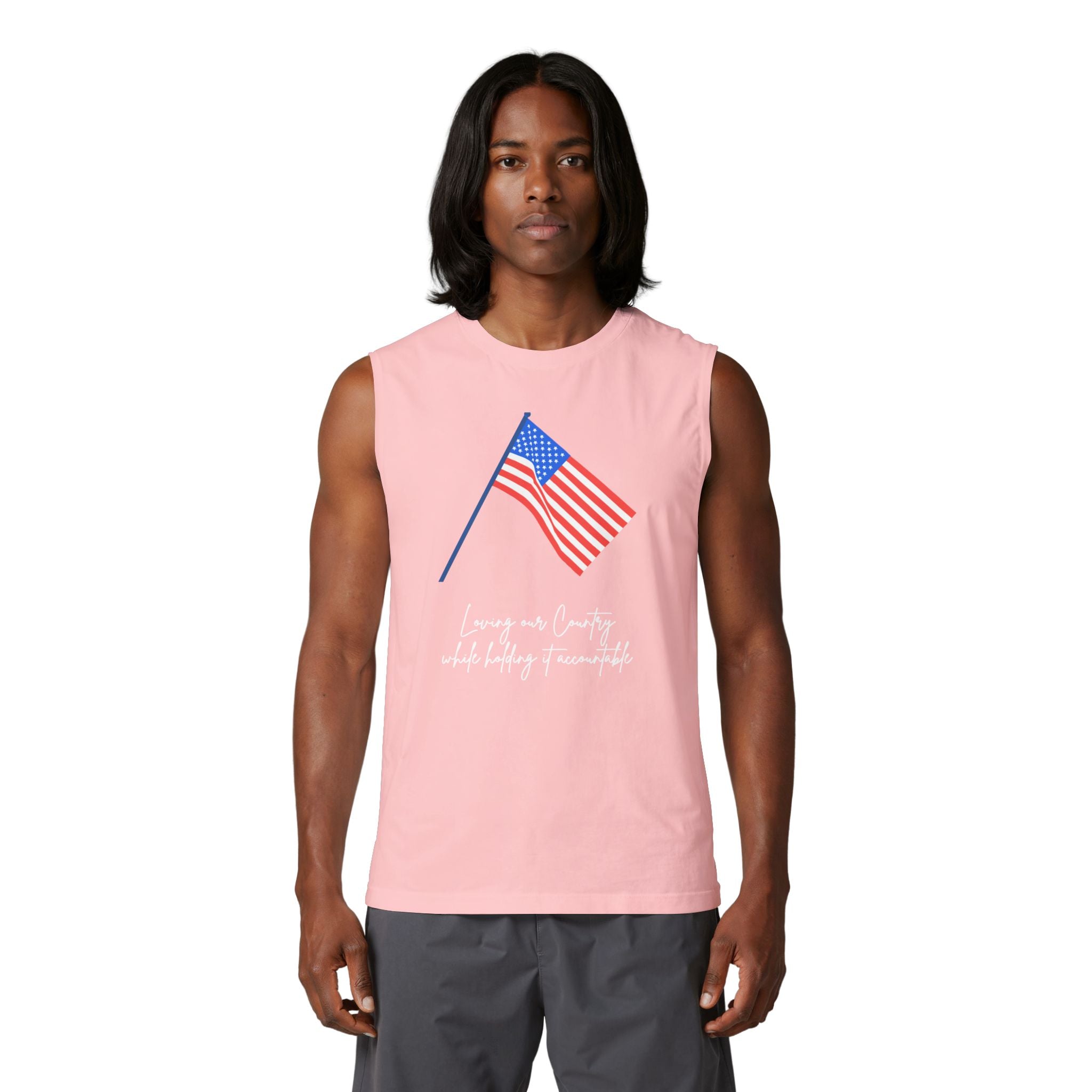 American Flag Muscle Tank — "Loving our Country, while holding it accountable " Patriotic Sleeveless Tee