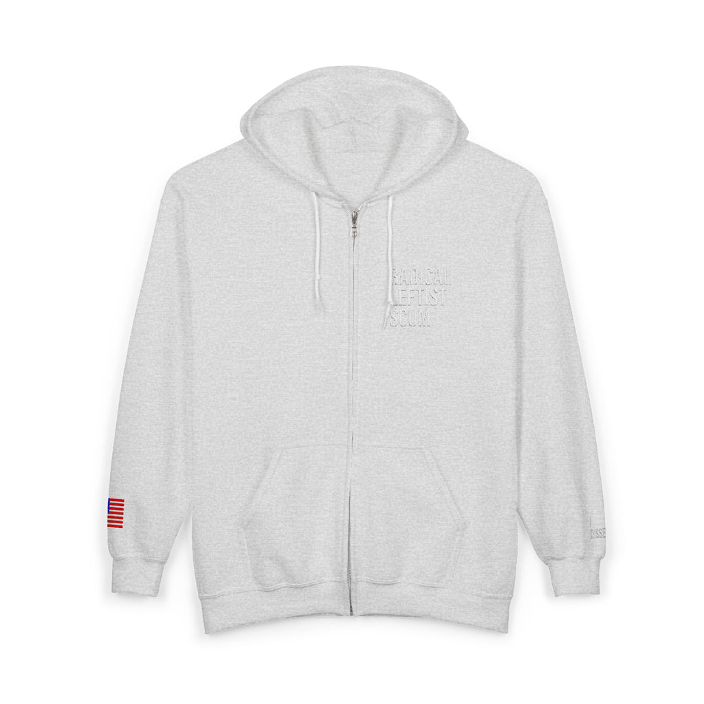 Embroidered Zip Hoodie — "Radical Leftist Scum" Full-Zip Sweatshirt, with "I Dissent" on left wrist