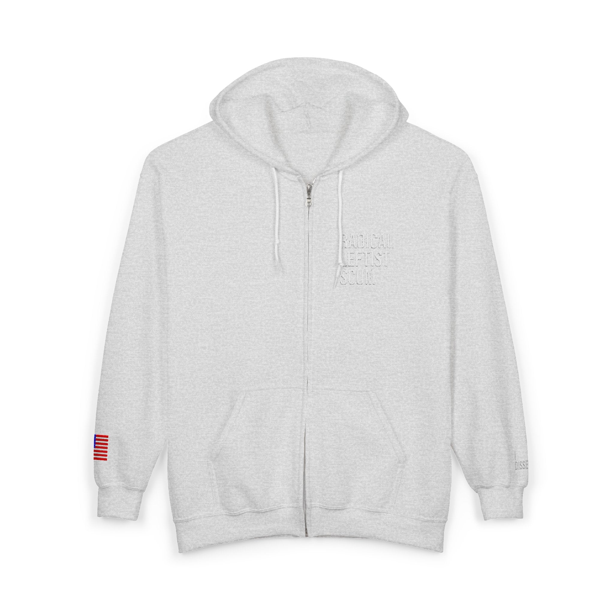 Embroidered Zip Hoodie — "Radical Leftist Scum" Full-Zip Sweatshirt, with "I Dissent" on left wrist