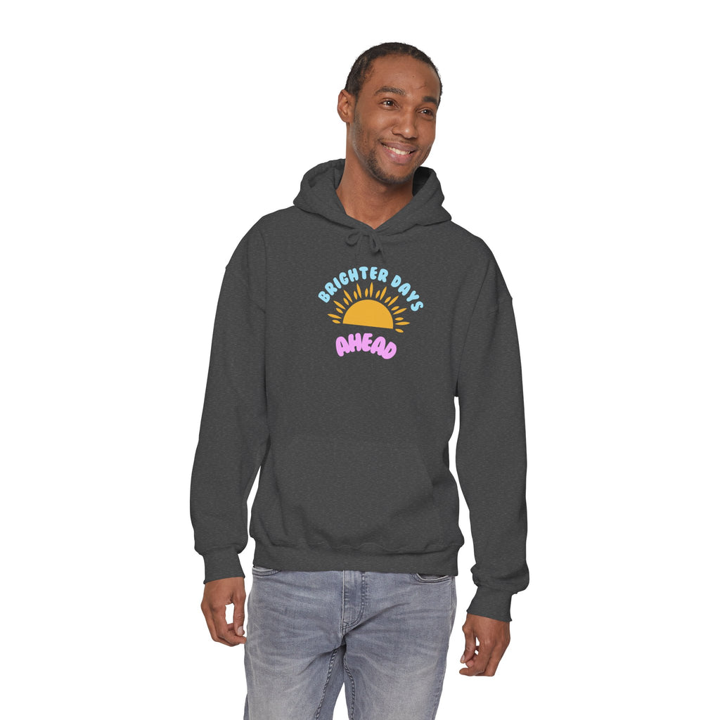 Brighter Days Ahead Hoodie — Pastel Sun Graphic with Diversity Equity Inclusion Back