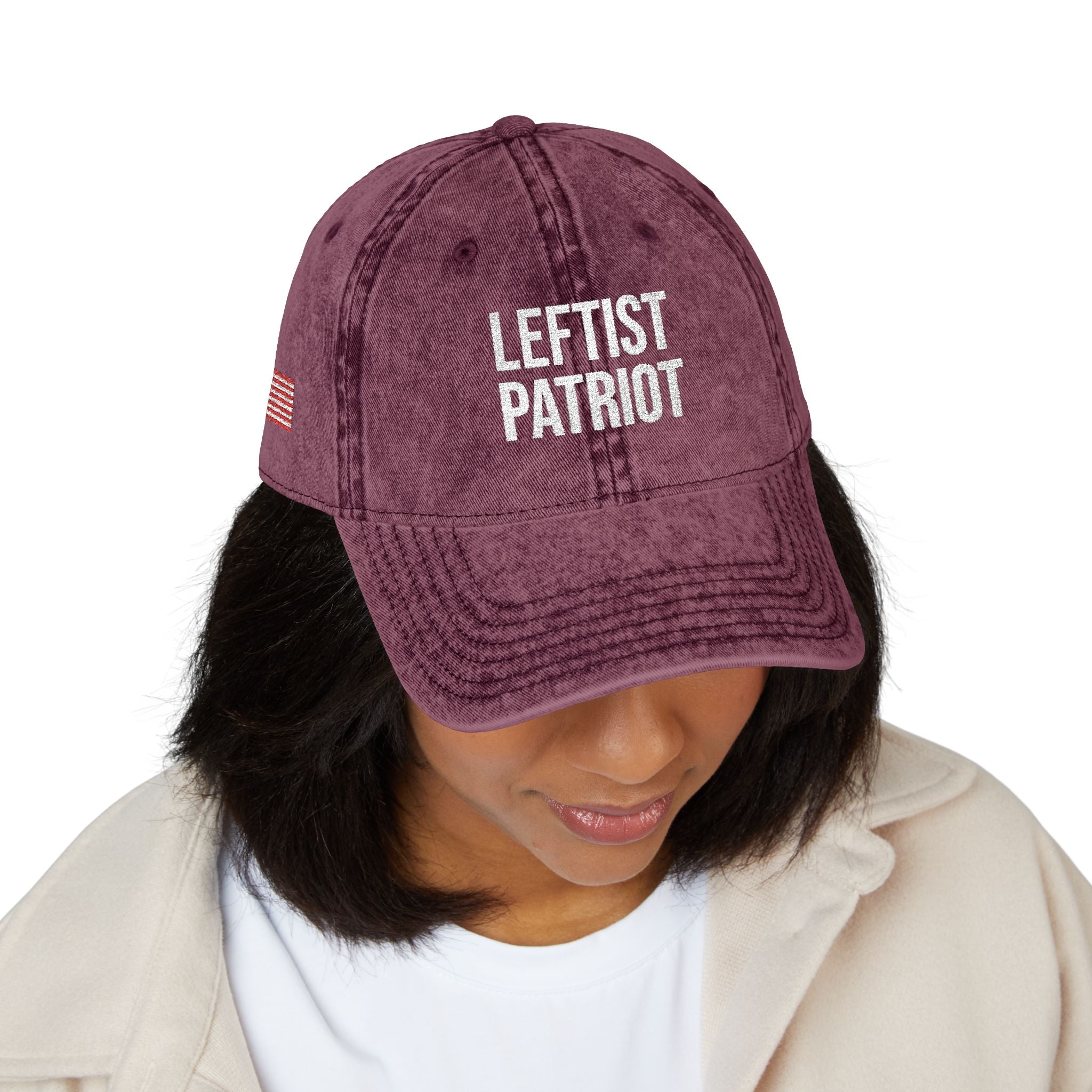 Leftist Patriot Vintage Embroidered Cap — Distressed Red American Flag Hat