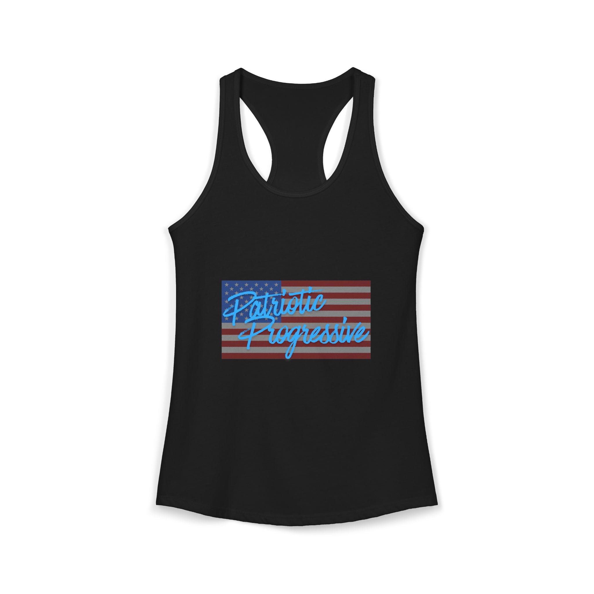 Women's Ideal Racerback Tank- "Patriotic Progressive We share more values than you think! Leftists Love This Country Too!"